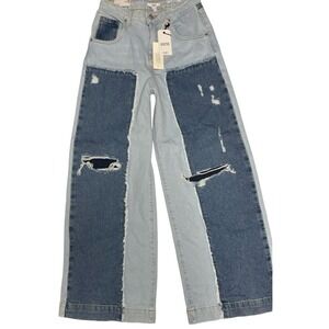 Forever 21 Low Rise Wide Leg Distressed Two Tone Denim Jeans Juniors 25 Waist